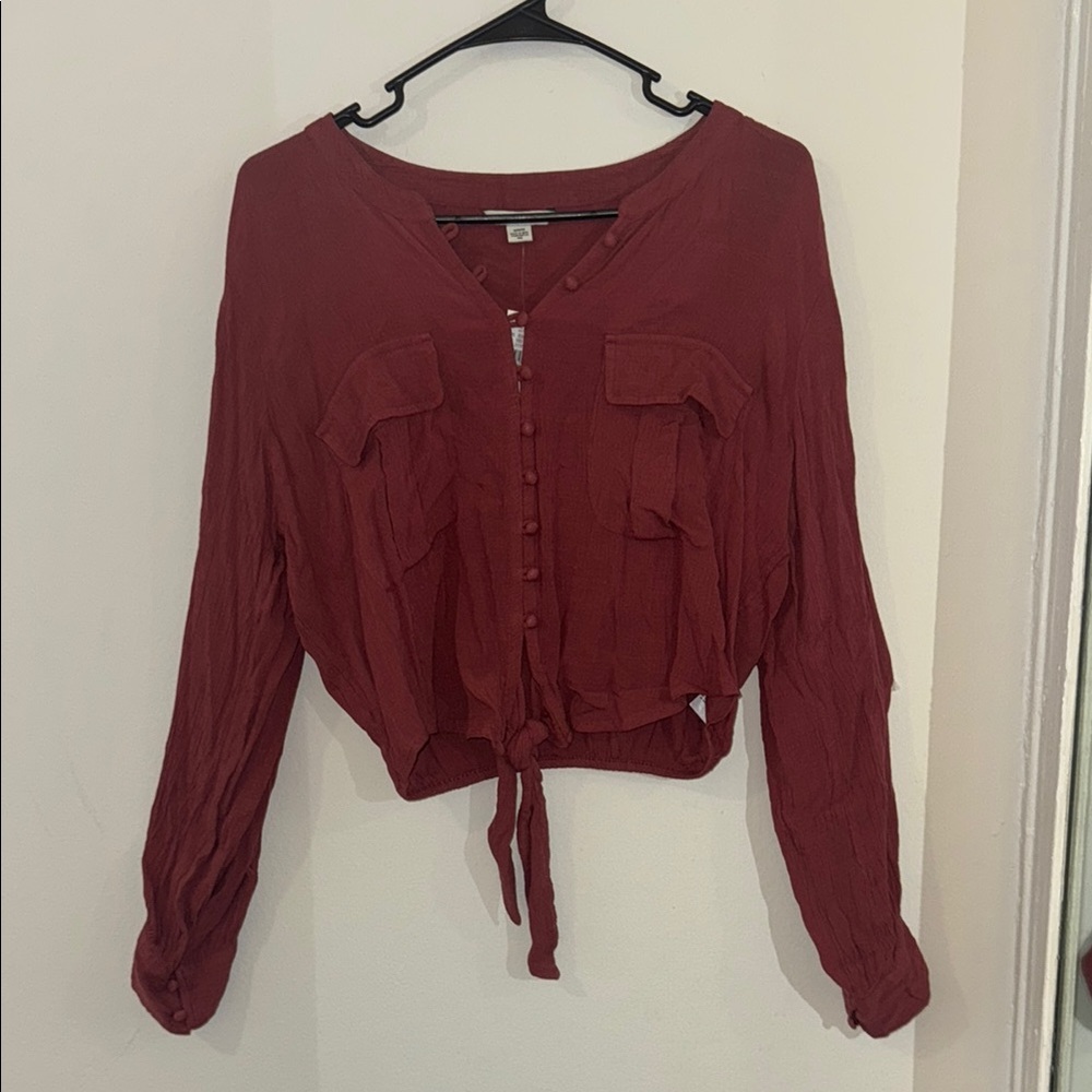 American Eagle Outfitters Red Buttoned Blouse with Tie Front